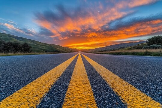 Sunset highway,  golden road,  mountain valley,  striking colors - Powered by Adobe