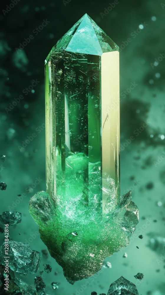 Poster captivating emerald crystal formation with intricate details and shimmering reflections in a serene 