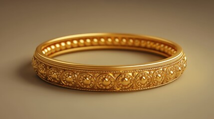 Elegant golden bangle with intricate design casting soft shadows on a neutral background creating a luxurious and sophisticated mood