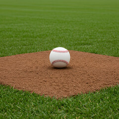 A white leather baseball lying on top of the pitcher's mound