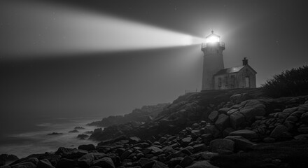 Beacon of hope, A lighthouse piercing through the darkness of a misty coastline