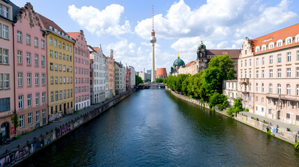 Berlin canal view, TV tower background, summer day, cityscape travel photo