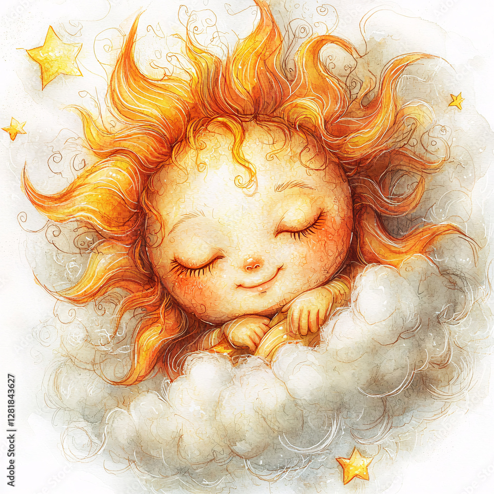 Poster smiling sun character resting on clouds with stars around.