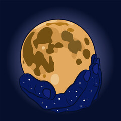 Human hand as starry night holding a planet or shining full moon. Creative design.