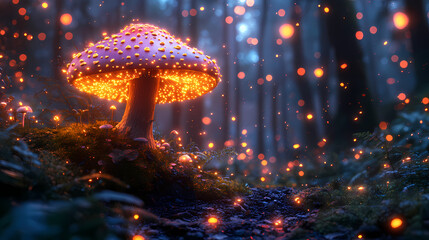 Magical Forest Scene with Glowing Mushrooms and Floating Particles for Mental Health Awareness in Vibrant Surreal Style