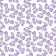 Seamless floral pattern, abstract ditsy print in vintage motif. Cute botanical design: small hand drawn flowers, leaves, simple bouquets on blue background. Repeat flower pattern, vector illustration.