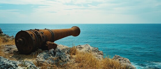 A rusted cannon overlooks a crystal-blue ocean under a bright sky, capturing a sense of history amid natural beauty and vast oceanic expanse.