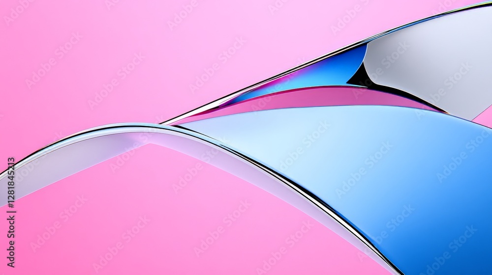 Poster abstract curved shapes with reflective surfaces and colorful background