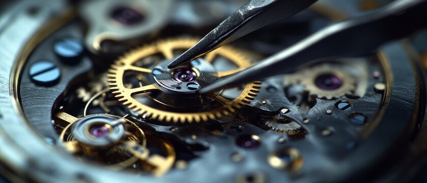 Watch components are finely detailed in a meticulous assembly, showcasing the complexity and dedication in watchmaking craftsmanship.
