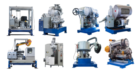 Industrial Equipment Showcase with Various Machinery and Devices, isolated on transparent background