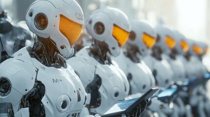 Fototapeta premium A row of humanoid robots with sleek white bodies and orange visors, each holding a tablet device in a minimalistic setting