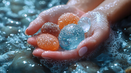 Close-Up Photorealistic Spa Relaxation Concept with Hands Holding Crystal Stones and Water Droplets on Marble Background