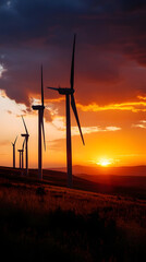 Obraz premium A cinematic still of wind turbines in the distance, sunset 