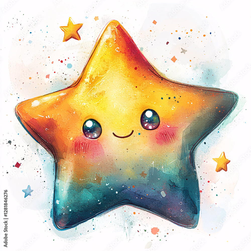 Poster cute colorful star with a smiling expression and sparkles around it.