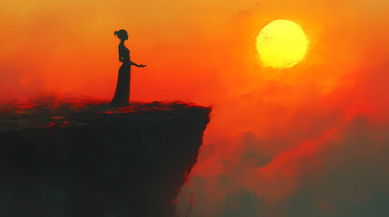 Silhouette of Woman Practicing Yoga on Mountain Cliff During Golden Hour Sunrise with Ethereal Fog and Soft Brush Strokes
