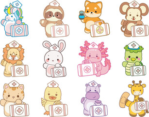 Set Vector Stock Illustrations Isolated of Baby Animals.
Cute animals with various activities.
Funny sticker of animal kids.
