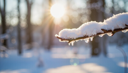 Snow-covered branch with melting icicles in winter forest