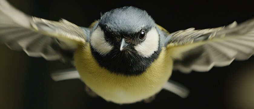 Close up of a vibrant blue tit bird in flight against a dark background showcasing its colorful plumage and delicate wings in motion capturing the essence of nature