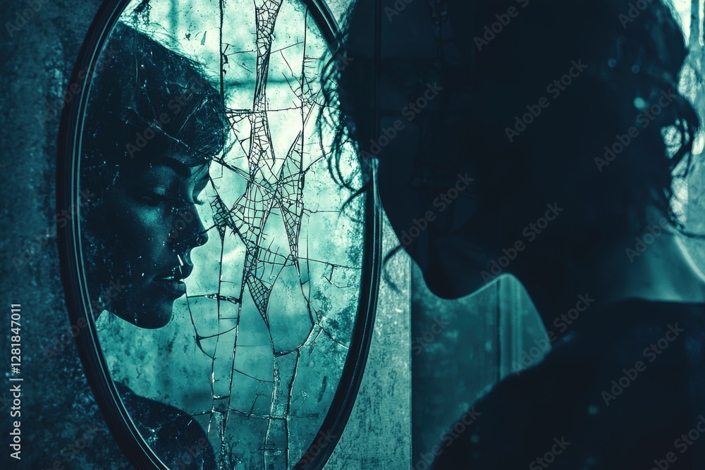 Poster a somber reflection of a person in a broken mirror, symbolizing inner turmoil and self-image challen