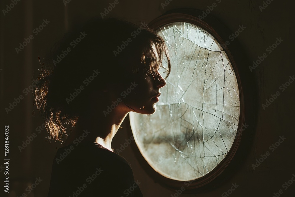 Poster a contemplative silhouette of a person gazing through a cracked window, illuminated by soft light, c