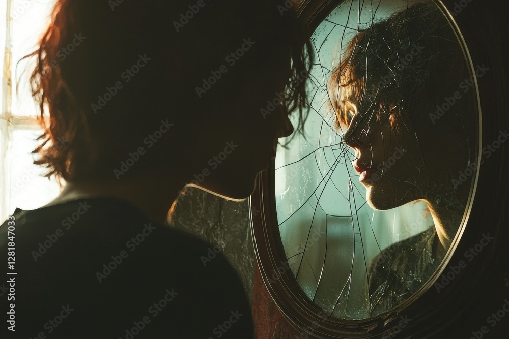Poster introspective gaze into a shattered mirror, reflecting the complexities of self-perception and the f