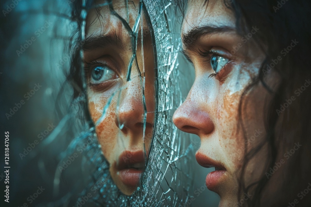 Poster a poignant portrait of a woman's face reflected in shattered glass, showcasing raw emotion and vulne