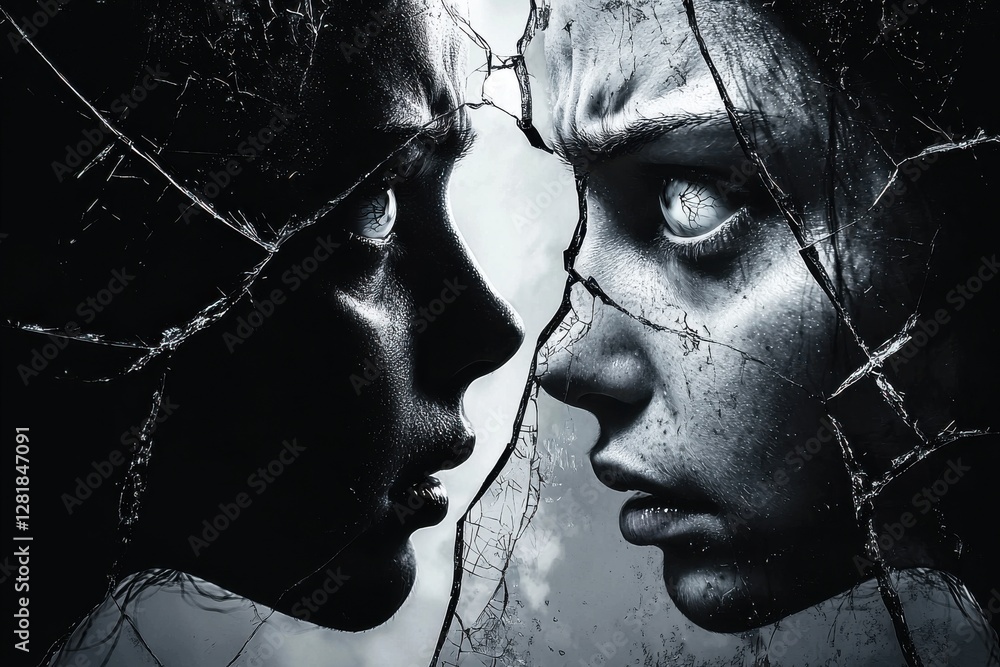 Poster a monochromatic portrait of two faces reflected in shattered glass, creating a dramatic and surreal 