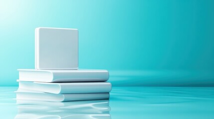 An elegant composition featuring a stack of white books on a tranquil, aquatic-themed background, inviting contemplation and peacefulness in a reading environment.