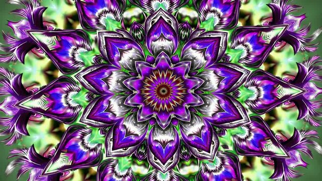 Intricate purple and green mandala with symmetrical pattern and vibrant colors, kaleidoscope design. Abstract art and meditation concept.
