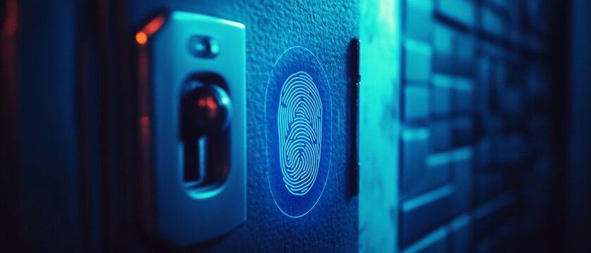 A high-tech fingerprint scanner glows in cool blue light, capturing the essence of modern security and futuristic technology.