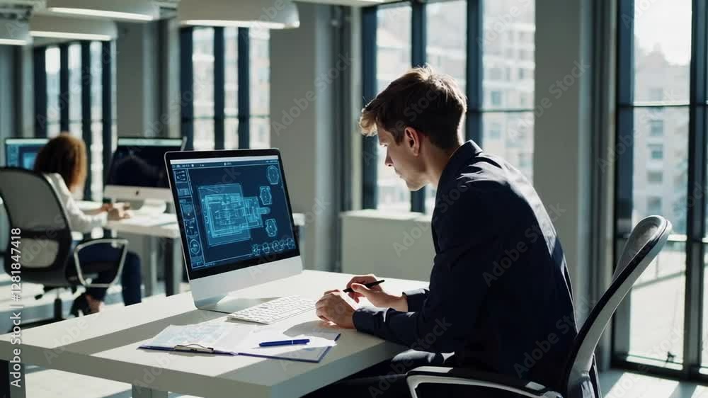 Poster professional engineer carefully analyzing digital blueprint, designing technical project with focuse