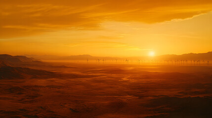 Fototapeta premium A cinematic still of wind turbines in the distance, sunset 