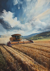 Obraz premium Combine Harvester Working on Agricultural Field
