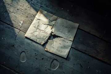A torn and aged letter resting on dark, weathered wooden planks in dim lighting, evoking a sense of mystery, history, and forgotten stories with faint script.