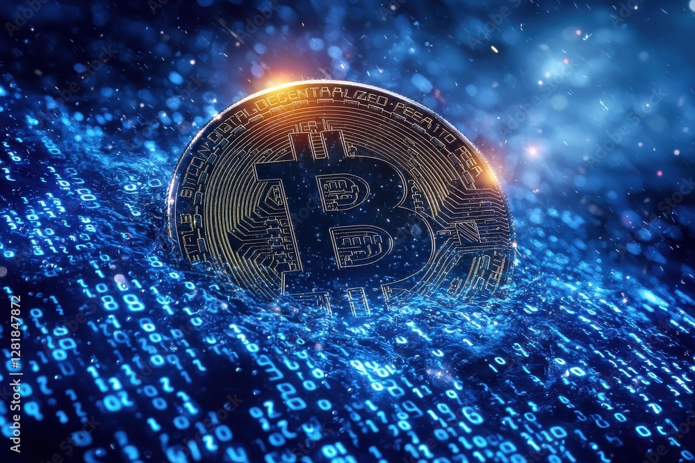Poster a gleaming bitcoin symbol amidst a sea of blue digital code, representing cryptocurrency and the fut