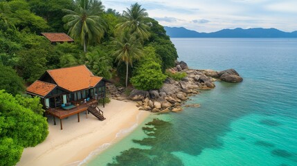 Tropical island beach view with a house