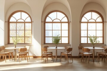 Modern cafe interior design with arched windows and round tables in a bright space. 3D Rendering