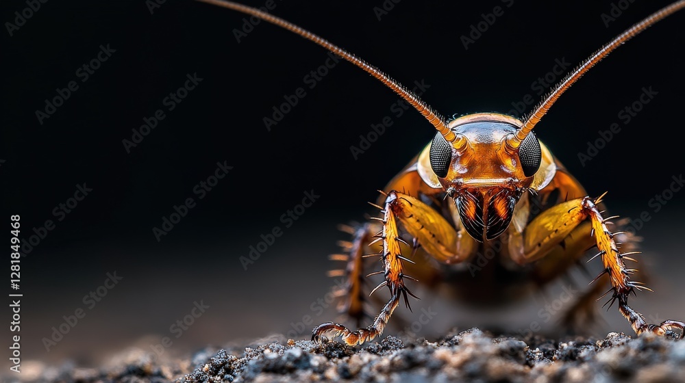 Poster close-up view of a cockroach on a dark surface, showcasing its intricate details and textures
