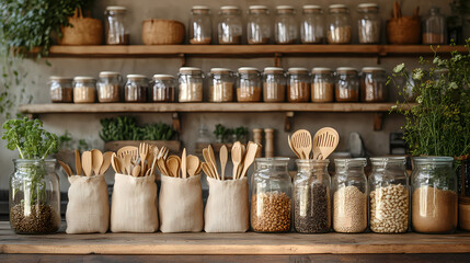 Zero-Waste Kitchen Flat Lay with Bamboo Utensils, Linen Bags, and Glass Jars on Rustic Wooden Table in Warm Sunlight