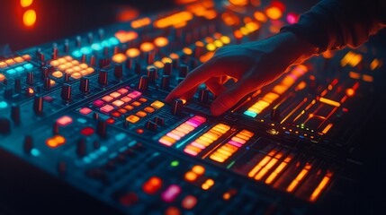 DJ mixing beats live at a nightclub, hands on the turntable controller, with blurred lights and people enjoying the party