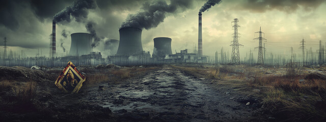 A dramatic view of a damaged nuclear facility post-disaster, showcasing fire, smoke, and a haunting atmosphere.