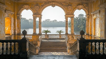Fototapeta premium An aged architectural structure overlooking a serene lake
