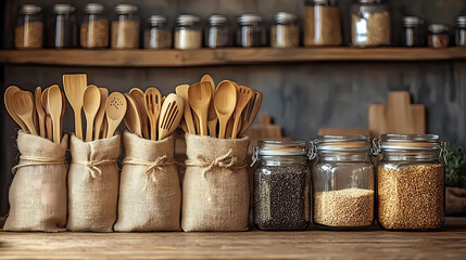 Zero-Waste Kitchen Flat Lay with Bamboo Utensils, Linen Bags, and Glass Jars on Rustic Wooden Table in Warm Sunlight