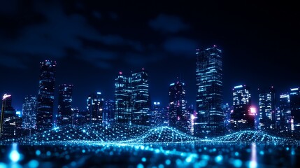 A futuristic city skyline at night.