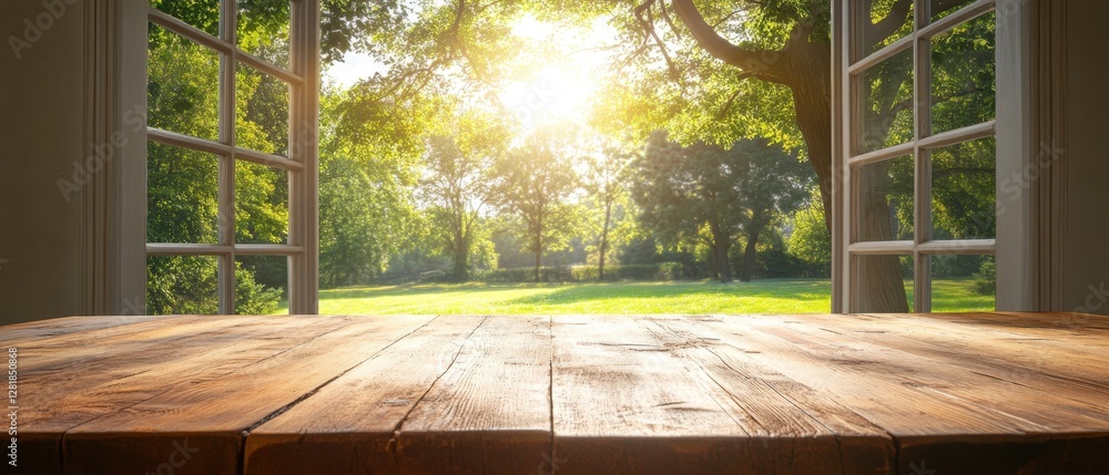 Aufkleber rustic wooden tabletop with open window view of lush green garden and bright sunlight creating a war
