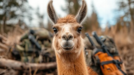 A portrait of a llama in a natural setting with backpacks in the background, showcasing the beauty of wildlife alongside human adventure gear.