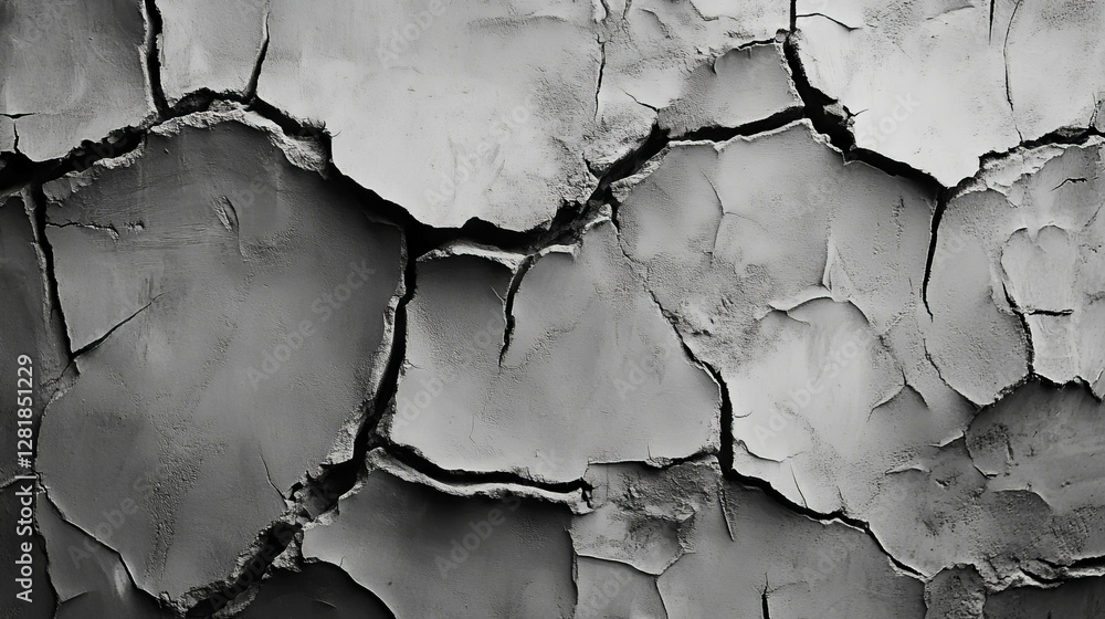 Poster texture of dry cracked mud wall with deep fissures for design and background concepts