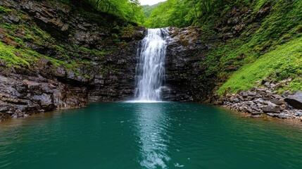 A serene waterfall cascades into a crystal-clear pool, surrounded by lush greenery and rocky cliffs, creating a tranquil natural haven.
