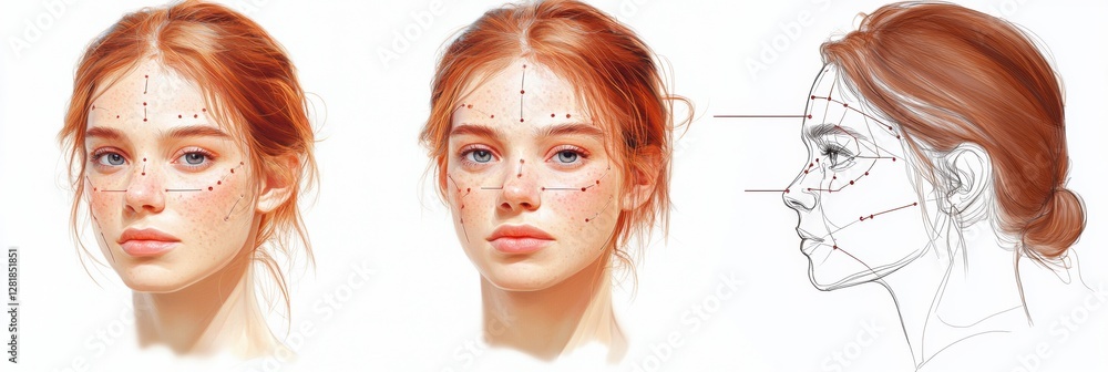 Leinwandbilder medical illustration showing specific botox injection points on a female face with detailed anatomic