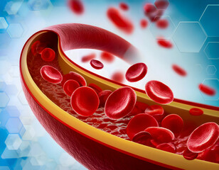 Fototapeta premium 3D close-up illustration of red blood cells (erythrocytes) flowing through a vein or artery, set against a background of medical and technological symbols.